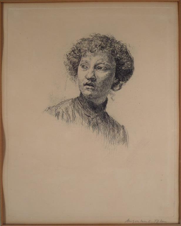 August Edwin John, 1878-1961, Etching: August Edwin John 1878-1961 "The Serving Maid", 1902 etching. Signed in pencil August E John lower right. Note: Label verso from Colnaghi London indicating that this etching is from an edition of 25 p