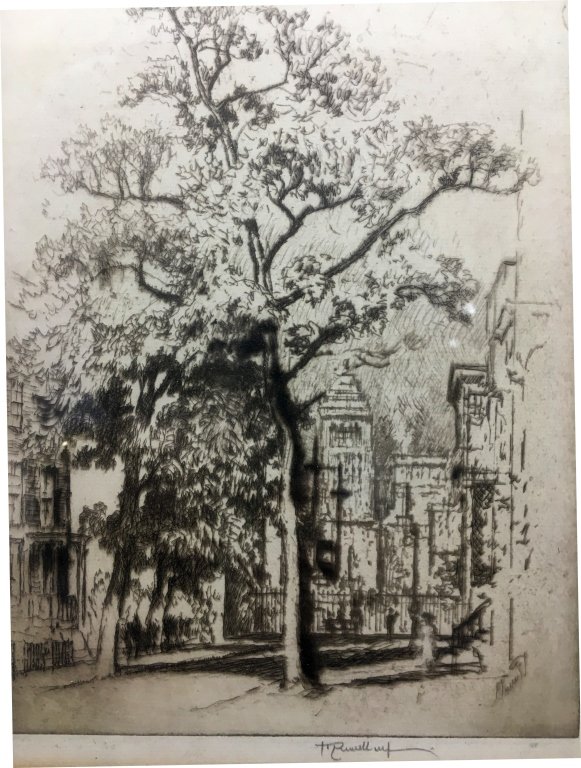 Joseph Pennell, Am., 1857-1926, Bklyn Hts, etching: Joseph Pennell, American, 1857-1926, "Orange Street", Brooklyn Heights, etching, pencil signed(ESC2000) {TC} Measurements: 9 7/8 in x 6 7/8 in, framed 18 x 14 Condition: paper toned