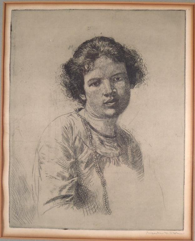 Augustus Edwin John, Etching, Lady w/ Neckalce: Augustus Edwin John 1878-1961 " Lady with Necklace: Ida Nettleship" Etching 1902 on watermarked laid paper sign in pencil Augustus E. John lower right. Note: Colnaghi Label verso with title, (referenc