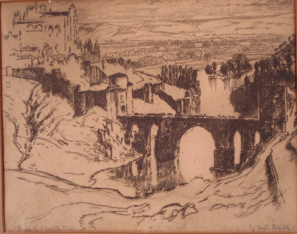 Joseph Pennell, "...St Martins, Toledo", etching: Joseph Pennell, American, 1858-1926, "Bridge of St Martin's, Toledo", etching, pencil signed and titled(AFPAT2001) {TC} Measurements: 7 5/8 in x 9 5/8 in, framed 11 x 13 Condition: paper badly toned, 