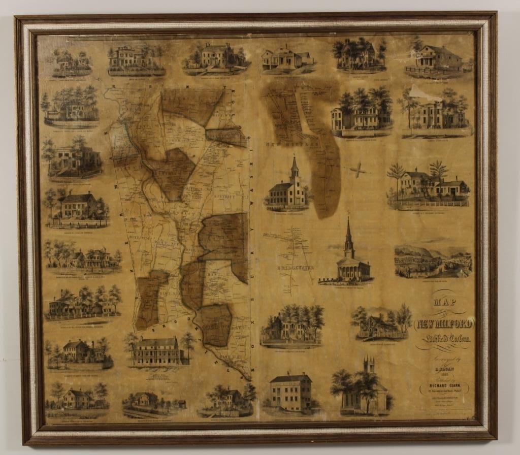 1853 Richard Clark Large Framed Map of New Milford: 1853 Richard Clark Framed Map of New Milford, CT(KRED2000) {TC} Measurements: 33x44, framed 44x48 Condition: readable, but fragile, losses, creases, heavily toned, some sections possibly hand-colored,
