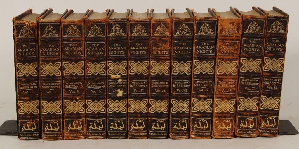 Set of 12 Leather Bound Volumes, 1897: Set of 12 leather bound volumes, 1897, "The Arabian Nights" translated by Sir Richard Burton.(CSHO2300/12) {PR} Measurements: Approx 10" x 7" Condition: Wear to leather, some covers detached.