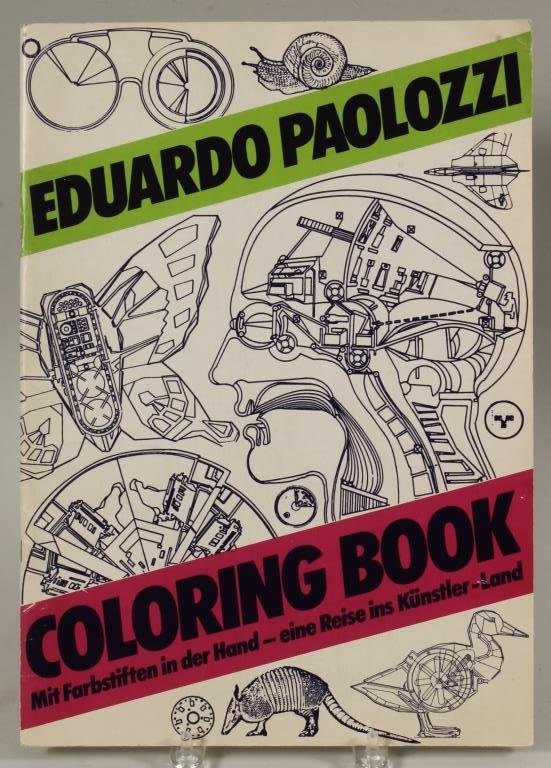 Eduardo Paolozzi Signed Coloring Book, Scottish: Artist Signed Coloring Book, by Eduardo Paolozzi, Scottish, 1924-2005, published in Germany, 1982(SBAR2347) {PR} Measurements: 16 1/2 x 11 5/8 Condition: Good used condition.