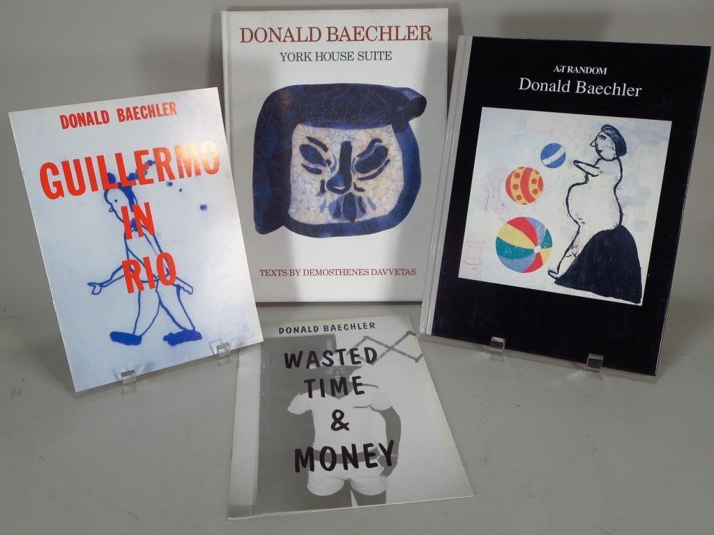 4 Artist Signed Books, Donald Baechler, Am.: 4 books artist signed, Donald Baechler, American, born 1956. Pamphlet "Guillemo in Rio" 1988. Pamphlet "Wasted Time and Money" 1989. "Art Random" first edition, published 1989. "York House Suite" firs