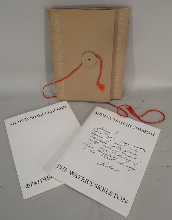 Francesco CLEMENTE,,Water's Skeleton, sgd Aidan Salahov: Francesco CLEMENTE, It., b.1952, Water's Skeleton, 2 Boxed Booklets from the artist's exhibition, hand inscribed and signed by the Russian Photographer Aidan Salahova, First Gallery Moscow 1991, 5 Poe