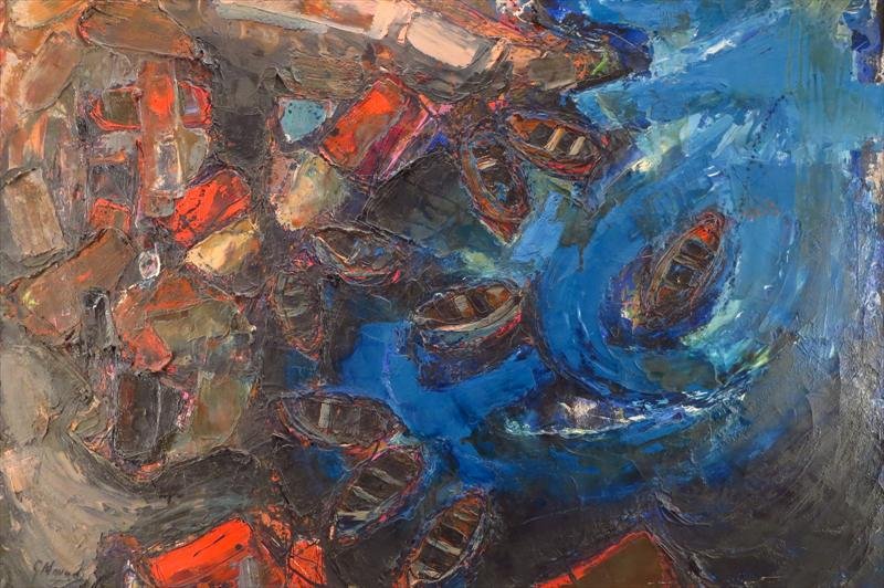 Gustavo Novoa, Chilean, "Over the Harbor", o/c: Gustavo Novoa, Chilean, b. 1941, "Over the Harbor", oil on canvas, signed, newspaper clipping on artist adhered en verso.(JTOM7403) {GW} Measurements: Overall: 31 H x 41 W; stretcher: 30 H 39 1/2 W Co