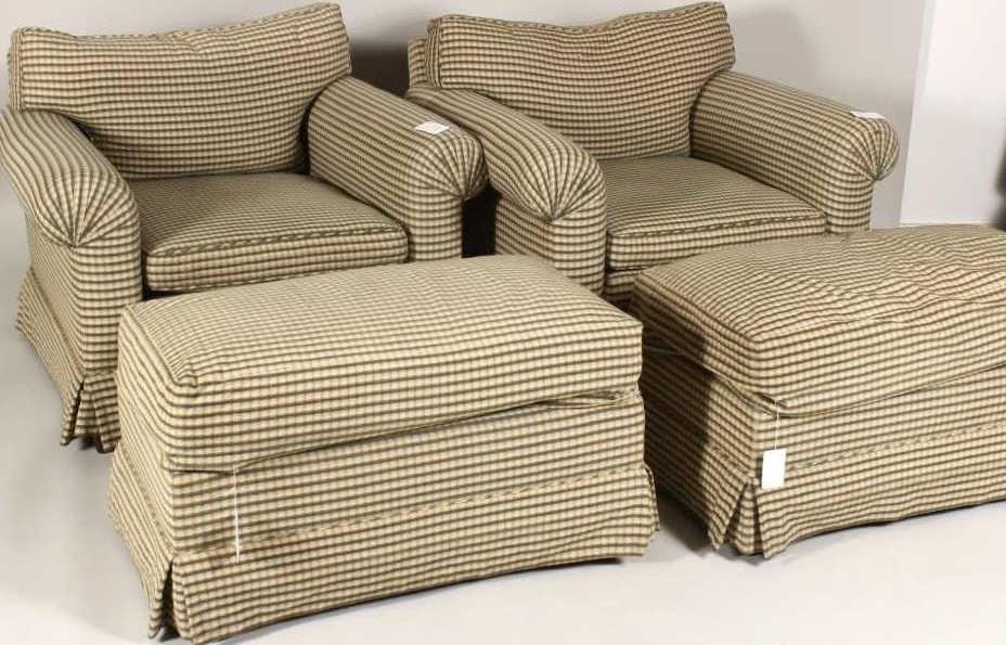 Pair of Upholstered Roll Arm Chairs with Ottomans (1 of 4)