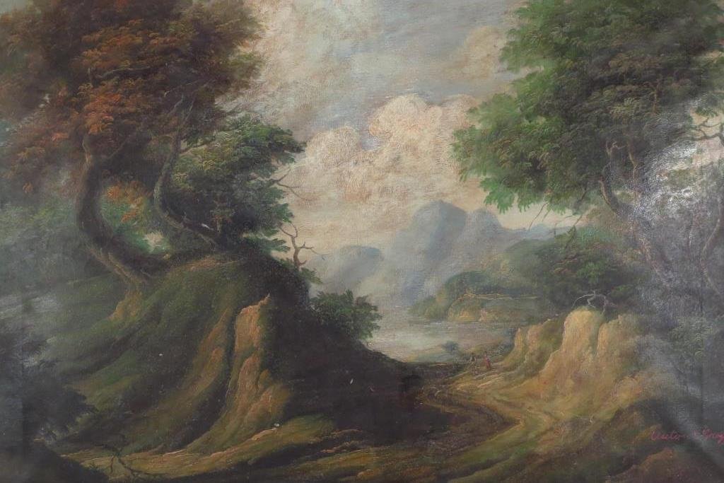 Gustav V. Groger, 1875-?, Mountain/Lake Landscape: Gustav V. Groger, 1875-?, Mountain and Lake Landscape, Oil on Canvas, signed lower right(HIGH2503) {WT} Measurements: Unframed: 23 x 34 Condition: Mold spots, needs cleaning.