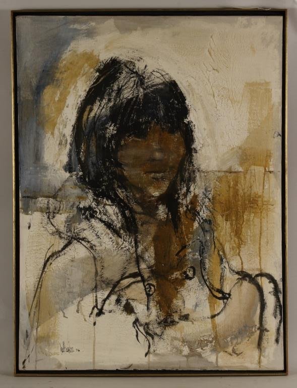 Gino Hollander, Woman with Pet, 1966,o/c: Modernist Painting, Woman with Pet,1966,o/c, signed lower left(SW2109) {MM} Measurements: 40 x 30, framed 41 x 31 Condition: Would benefit from cleaning