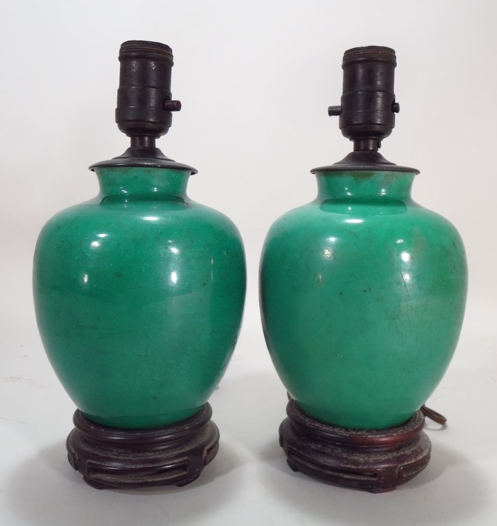 Pr. of Asian Green Vase as lamps with wood bases (1 of 5)