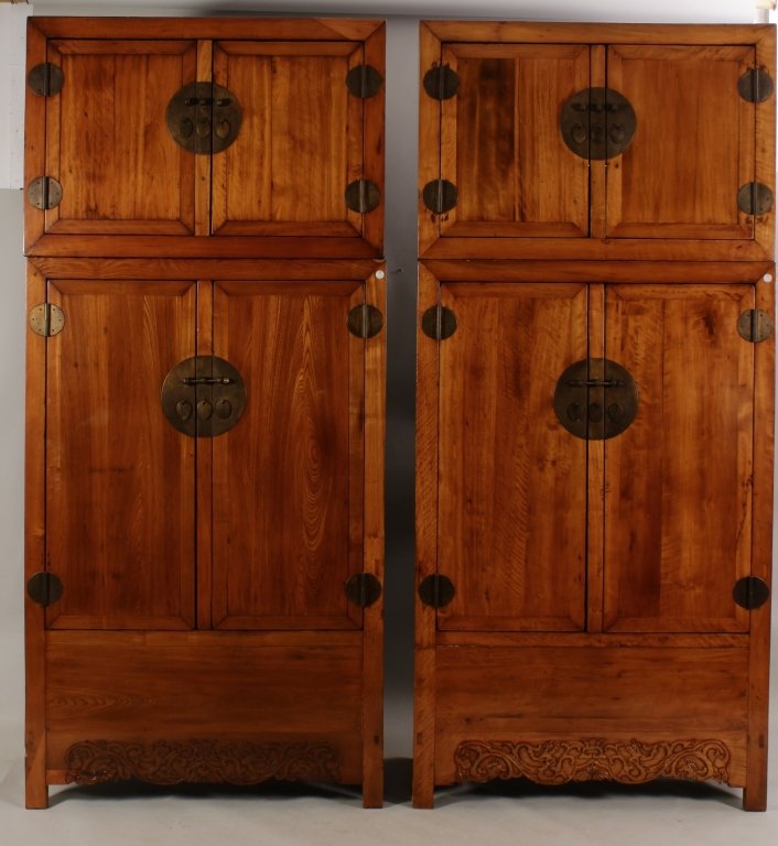 Pr. of Chinese Hardwood 2 Part Wardrobe Cabinets (1 of 10)