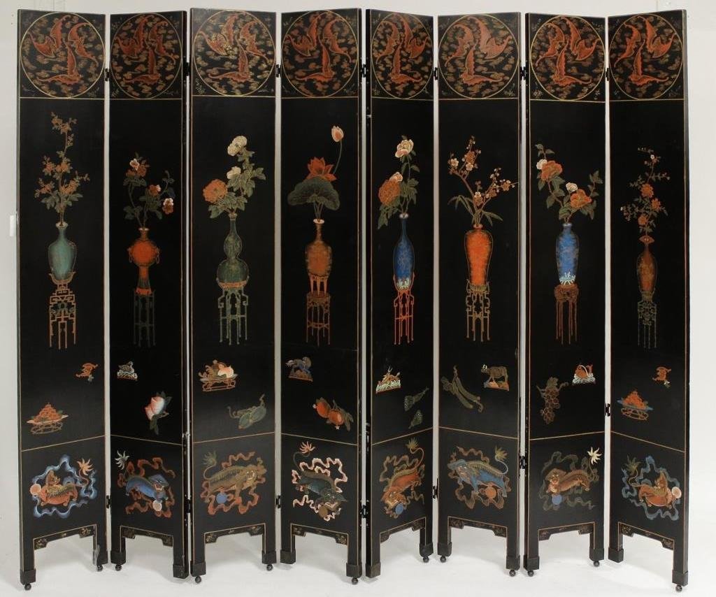 Asian 8 Panel Lacquer, Paint Decorated Screen (1 of 9)