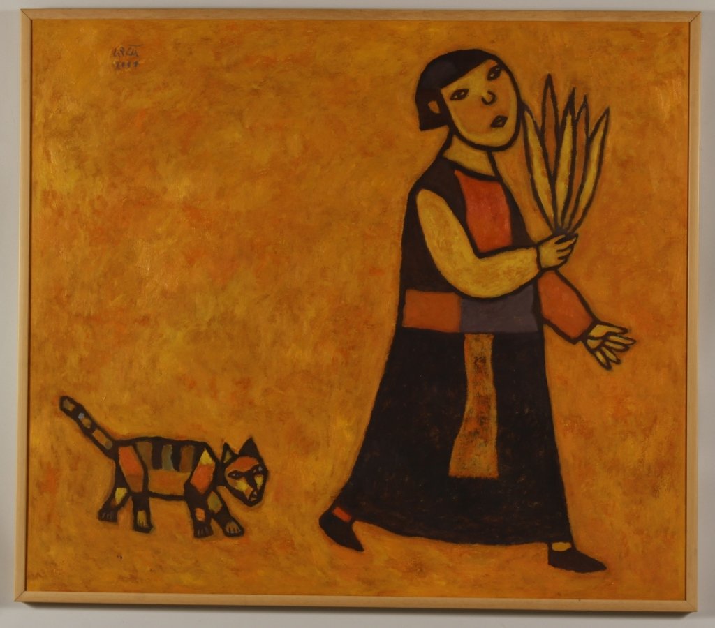 Vietnamese School, Woman with Cat,o/c: Vietnamese School, Woman with Cat, o/c, signed and dated 2001 to upper left(KSIM5106)(MM).Property Title: From a Cornwall Bridge Connecticut Collector Measurements: 42 x 48