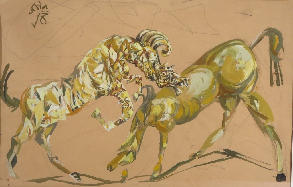 S.E. Asian Sch., 20th, Fighting Stallions, gouache (1 of 8)