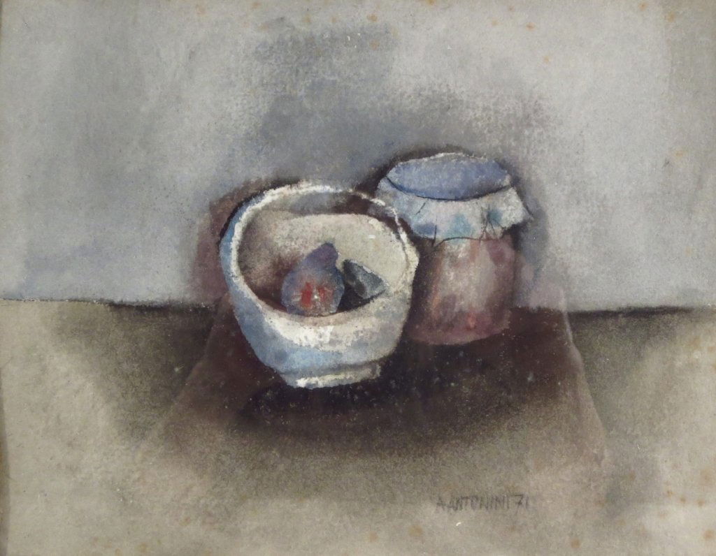 A. Antonini, Still Life with Fruit Bowl, 1971, W/C: A. Antonini, Still Life with Fruit Bowl, 1971 watercolor on paper, signed lower right.(RSCR5292)(WK). Measurements: Sight: 7" x 9" Framed: 16.5" x 18.5"