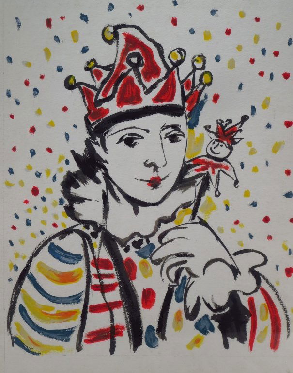 In the Manner of Picasso, Jester with Wand, w/c: In the Manner of Picasso, 20th, Jester with Wand, w/c on paper. Note: Similar to Picasso lithograph c.1958, "Carnival"(PWINJ5105)(MM). Measurements: 25 x 20, framed 28 x 22