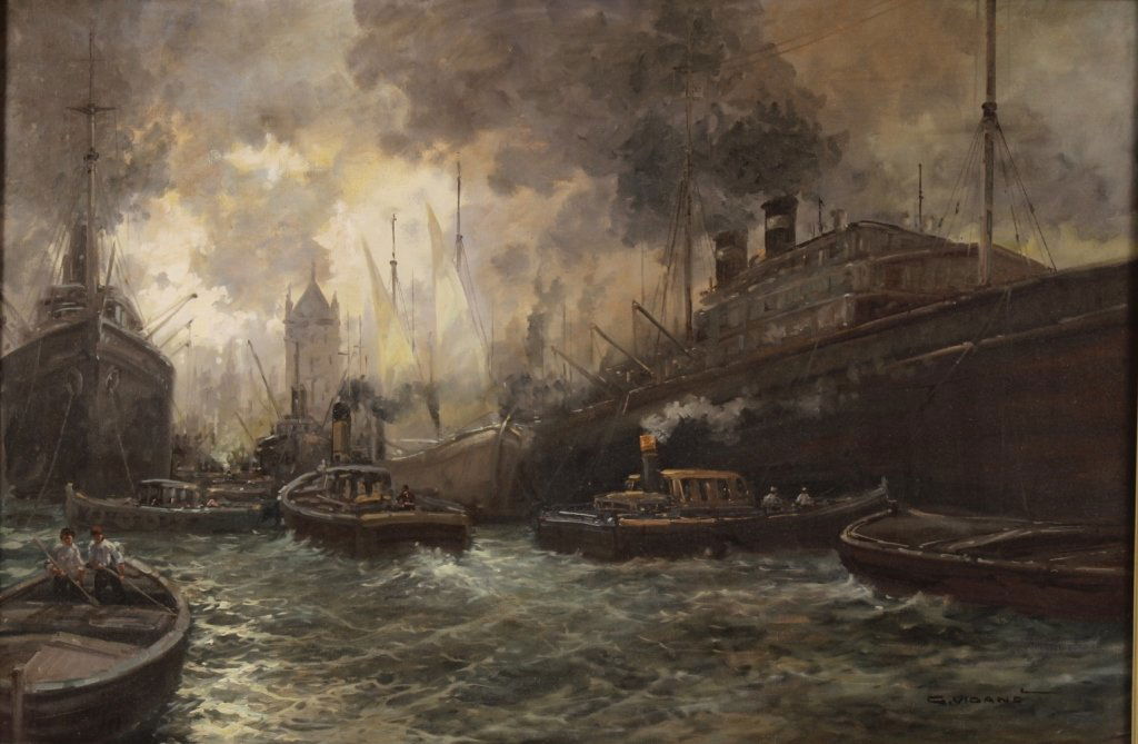 Vigano, It., 20th c., Seaport, O/C, signed (1 of 7)