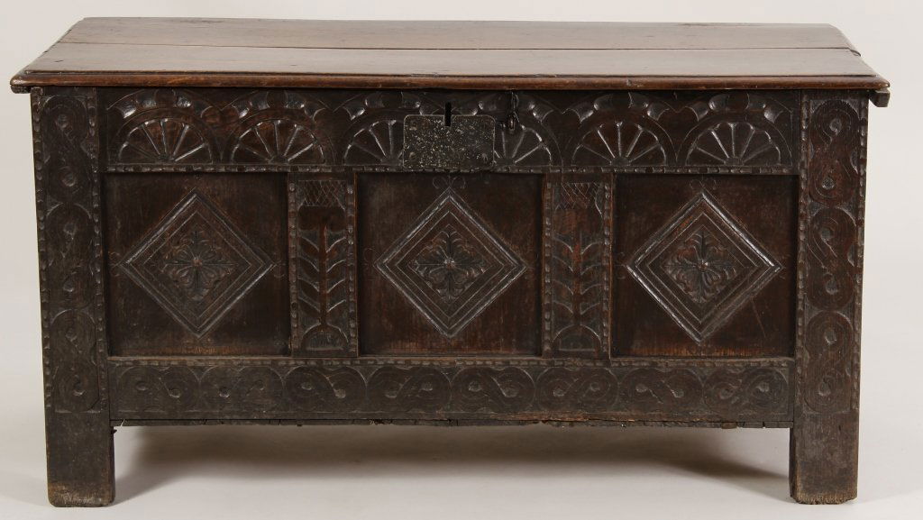 Elizabethan Oak Carved Paneled Coffer, 17-18th C. (1 of 7)