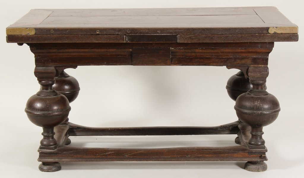 17th c. priory round dining table Dutch Baroque Oak Draw Leaf Table, 17th C.