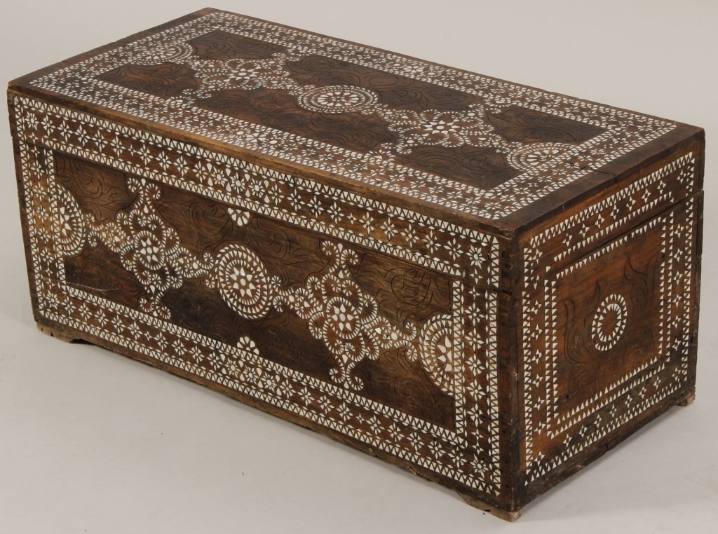 Moroccan Chest Inlaid with Mother of Pearl: Moroccan Chest, 20th C., inlaid with Mother of Pearl.(RSCR5233)(WK). Measurements: 17 H x 36 L x 16 D
