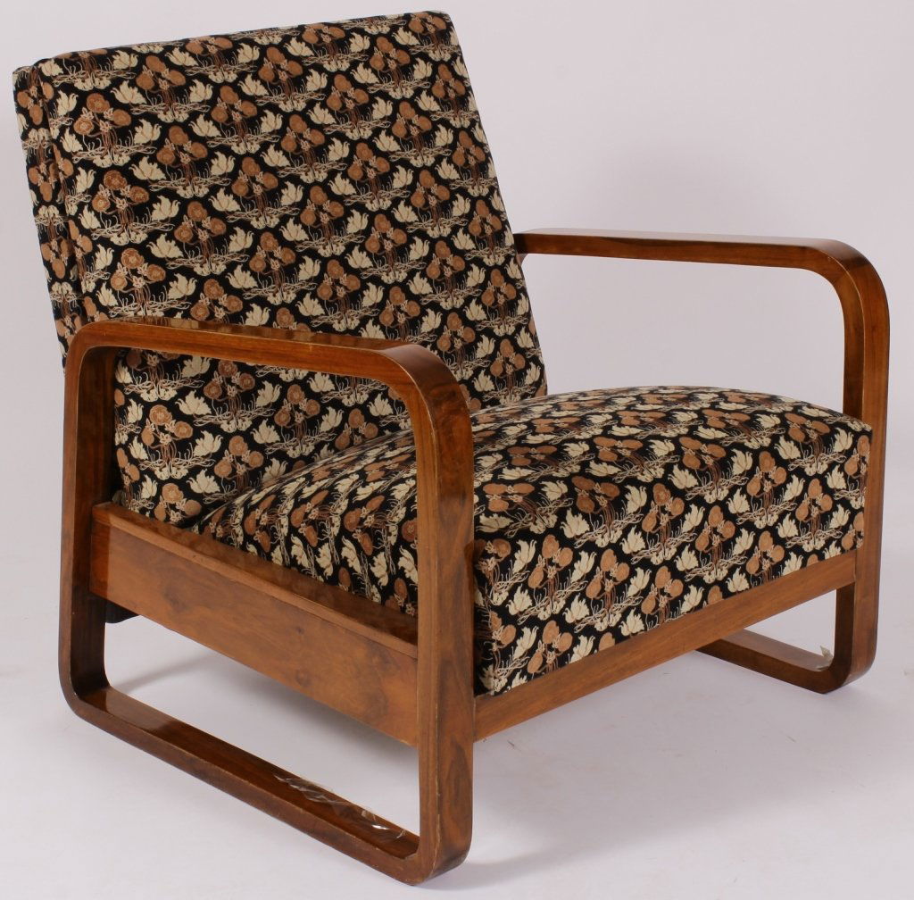 Art Deco Adjustable Walnut Lounge/Chaise: Art Deco Adjustable Walnut Lounge Chair, in the style of Erik Chambert, opens to a chaise; upholstered in a printed velvet.(JHAL5200)(WK). Measurements: 35 H x 33.5 W x 34 D