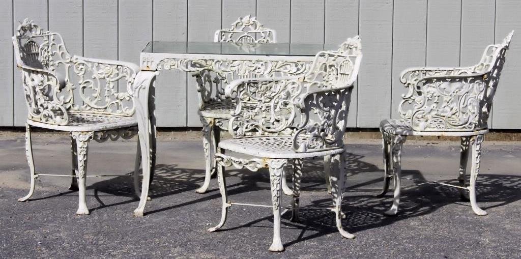 Set of 4 Painted White Cast Iron Chairs and Table (1 of 6)