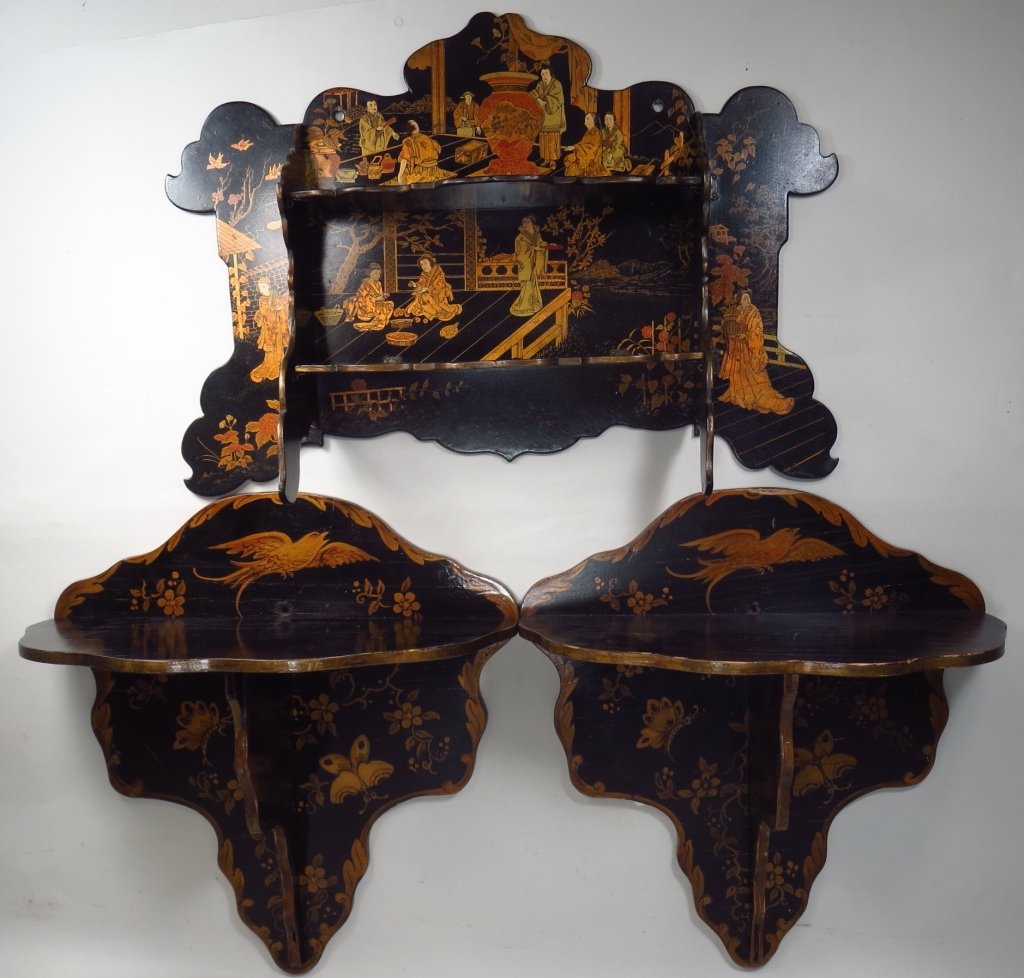 3 Black Laquered Chinoiserie Hanging Wall Shelves (1 of 5)