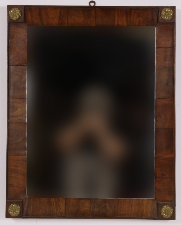 Am. Empire Flame Mahogany & Copper Rosette Frame: American Empire Flame Mahogany & Copper Rosette Corners Frame, c. 1825(PTIL5017)(TC).Property Title: Deaccessioned by a Massachusetts museum Measurements: 31x24, rabbet 25x18.5