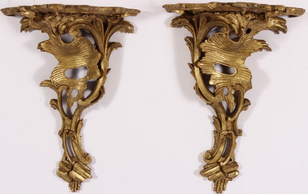 Pair of Giltwood Rococo Style Carved Sconces,19th: Pair of Giltwood Rococo Style Carved Sconces, 19th, c-scroll form top(KGEL5144/2)(MM).Property Title: From a Private Greenwich Connecticut Antiques and Fine Art Collector Measurements: 18 x 13 x 7