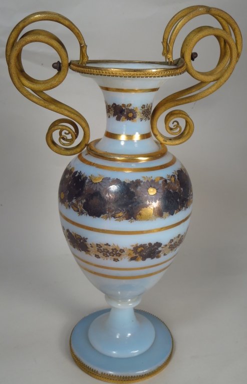 19th Glass Urn w/ Gilt Bronze Serpent Handles (1 of 6)