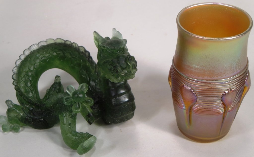 Daum Dragon and a Tiffany Favrile Vase: Daum France Pâte-de-Verre art glass Dragon figure, together with a small Tiffany gold Favrile vase, circled with wide band of gold threading, accented by a series of applied tadpoles,(SBAR5208/2)(WK)