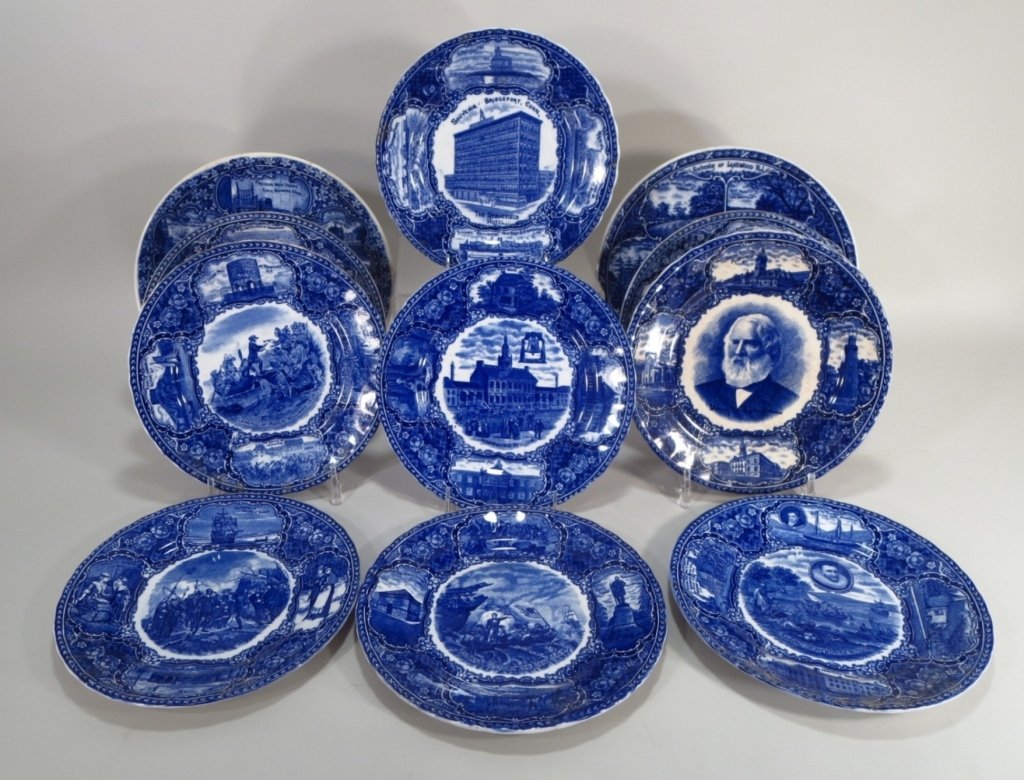 11 Staffordshire Commemorative Plates,19th: 11 Staffordshire Commemorative Plates, 19th C., includes Hendrick Hudson, De Soto's Mississippi, Battle of New Orleans, Perrys Victory on Lake Erie, Landing of Pilgrims, Landing of Roger Williams, Hen