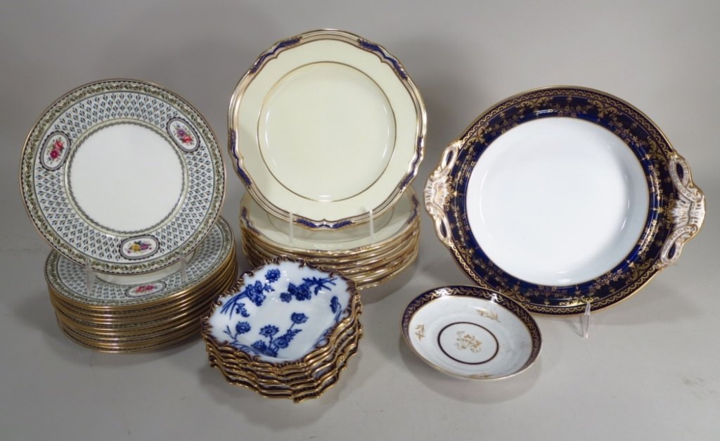 Grp. of Eng. Porcelains, Tiffany & Co, Spode: Group of English Porcelain Plates and Bowls, includes Tiffany & Co.,Cauldon Co., Spode Copeland, Brown-Westhead Moore & Co., mostly cobalt, blue bone and gold decorated(SMAI5117/29)(MM).Property Title
