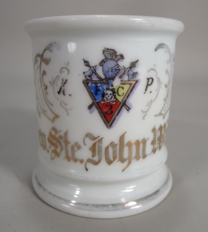 Fraternal Knights of Pithias Shaving Mug: Fraternal Shaving Mug for Knights of Pythias, with Gilt Name "Geo. Ste. John Williams", after 1891, marked J & C. Bavaria on base.(SMAI5205)(WK).Property Title: Property from the family estate of the