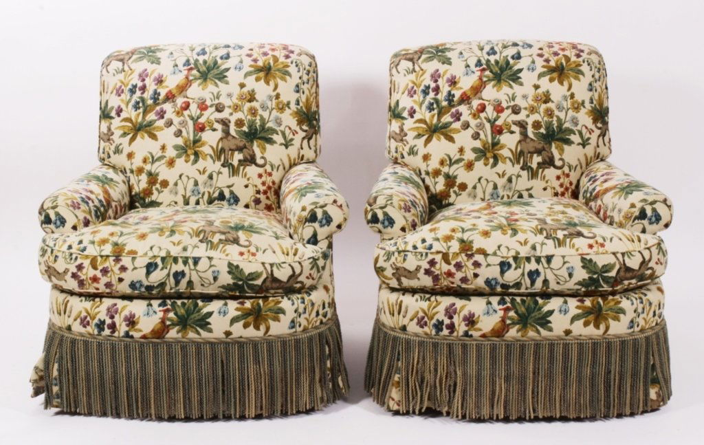 Pair Small Armchairs, Dogs & Birds Fabric, Casters (1 of 6)