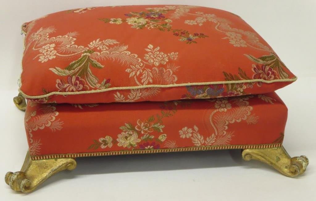 Ottoman with Gilt Feet and Silk Embroidered Fabric (1 of 3)
