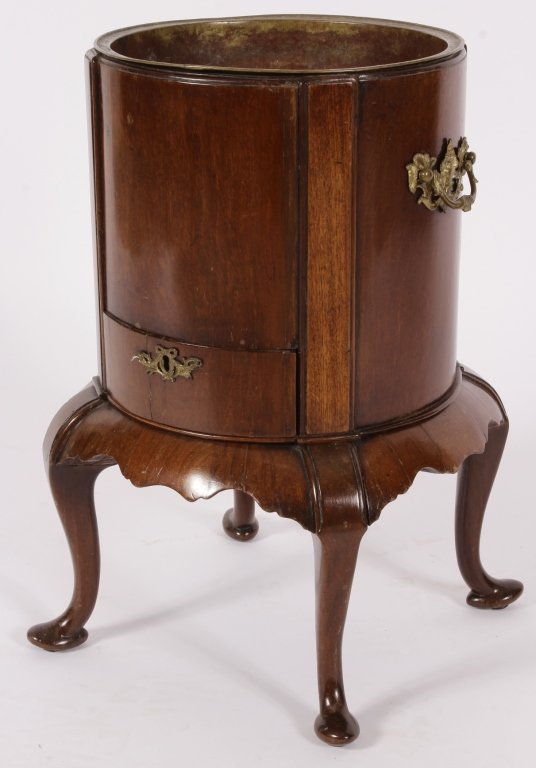 George II-III Mahogany Wine Cooler, c. 1750: A George II-III Mahogany One Drawer Wine Cooler, on cabriole legs, original copper liner and brass mounts. good age appropriate condition, interior of the single drawer with old stains and shrinkage,