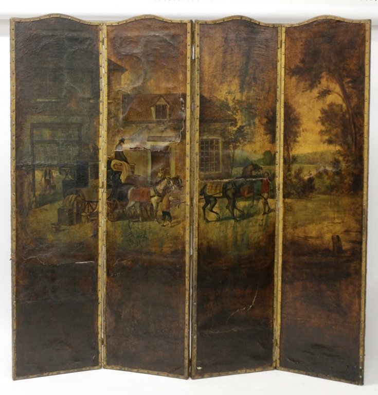 4-Fold Victorian Painted Screen, Coach & Inn (1 of 8)