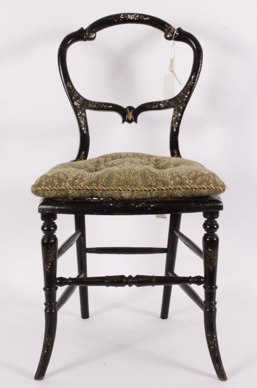 Petite Papier Mache Mother of Pearl Chair: An antique Petite Papier Mache with Mother of Pearl inlaid Chair with caned seat and contemporary reversable cushion(RIVERS4081)(TC) Property Title:From the Estate of Joan Rivers. Measurements: 35" H