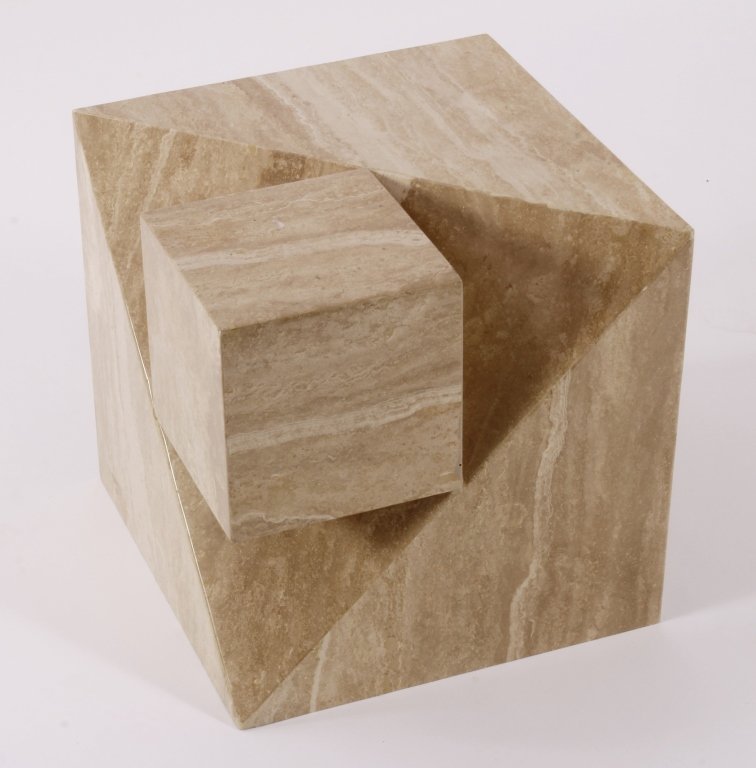 Travertine Contemporary Base: Travertine Contemporary Base. golden/tan color.(RIVERS45104)(WT) Property Title:From the Estate of Joan Rivers. Measurements: 16" cube of irregular shape.
