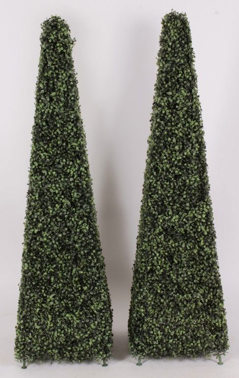 1st Pair of Decorative Obelisk Form Faux Topiaries: 1st Pair of Obelisk Form Faux Topiaries on Steel Frames, late 20th c. , leaves soft plastic (522,523) NOTE: as seen on Joan Rivers Manhattan terrace(RIVERS4003/2)(TC) Property Title:From the Estate of