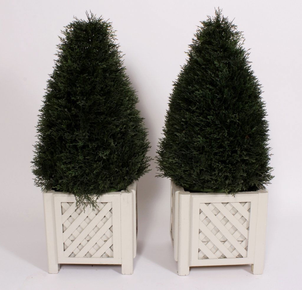 Pair Faux Evergreens in Painted Wood Lattice Boxes (1 of 5)