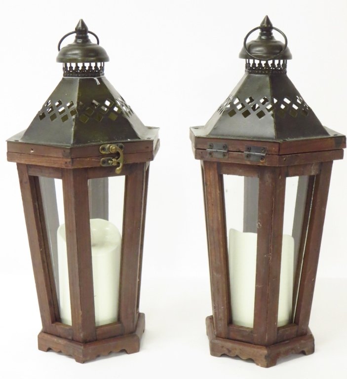 Pair of Glass, Wood, and Tin Lanterns (1 of 2)
