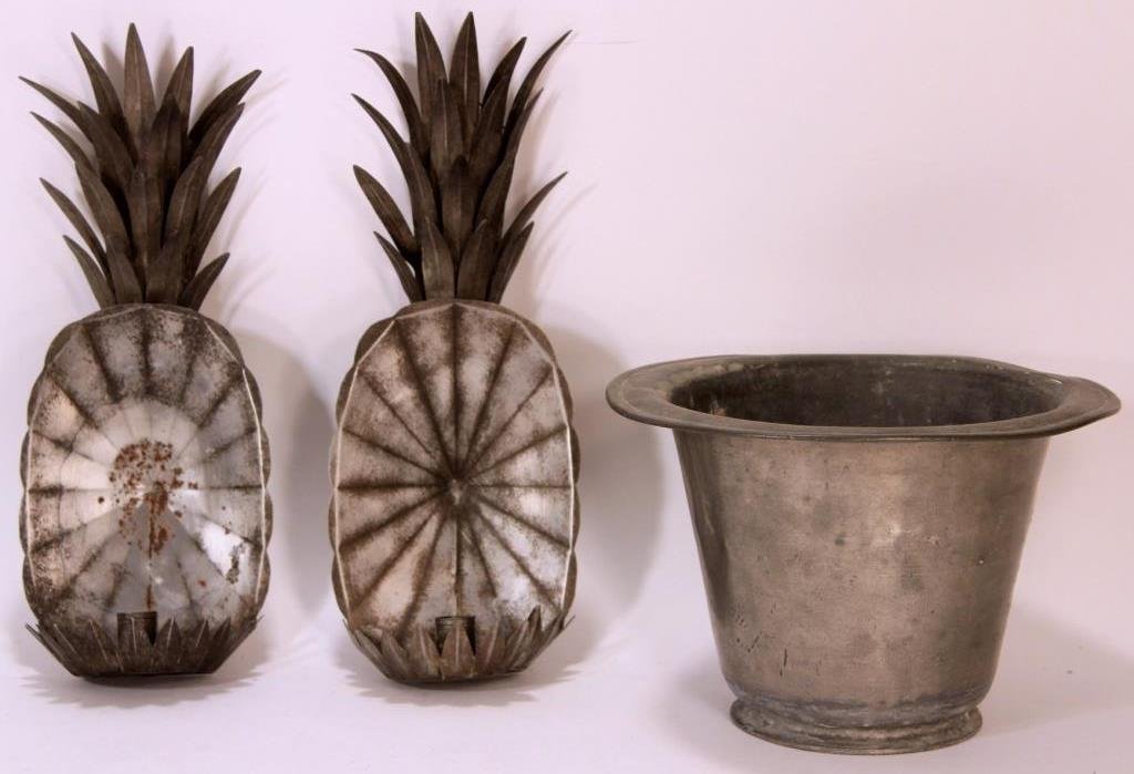 Pair of Tin Sconces and a Pewter Flower Pot. (1 of 4)