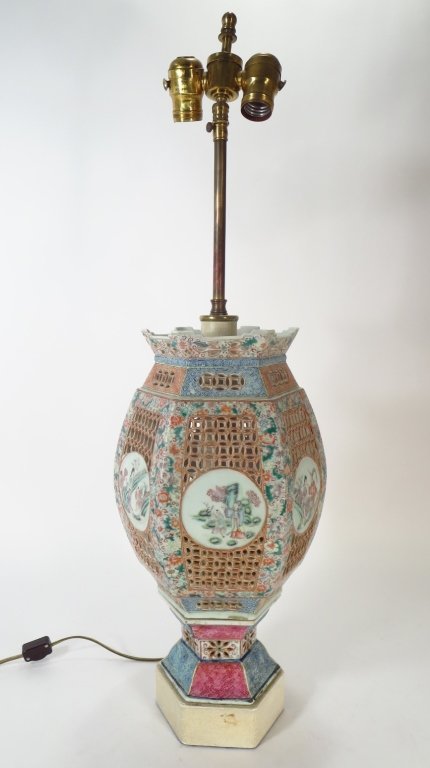 Chinese Famille Rose Lantern Mounted as a Lamp (1 of 7)