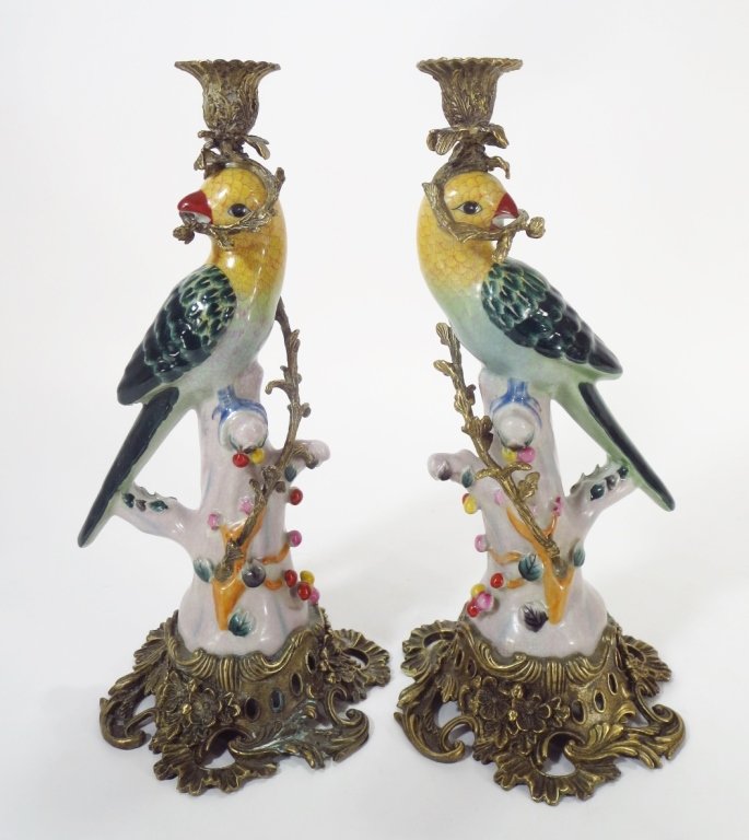 Pair of Porcelain and Brass Parrot Candlesticks (1 of 6)