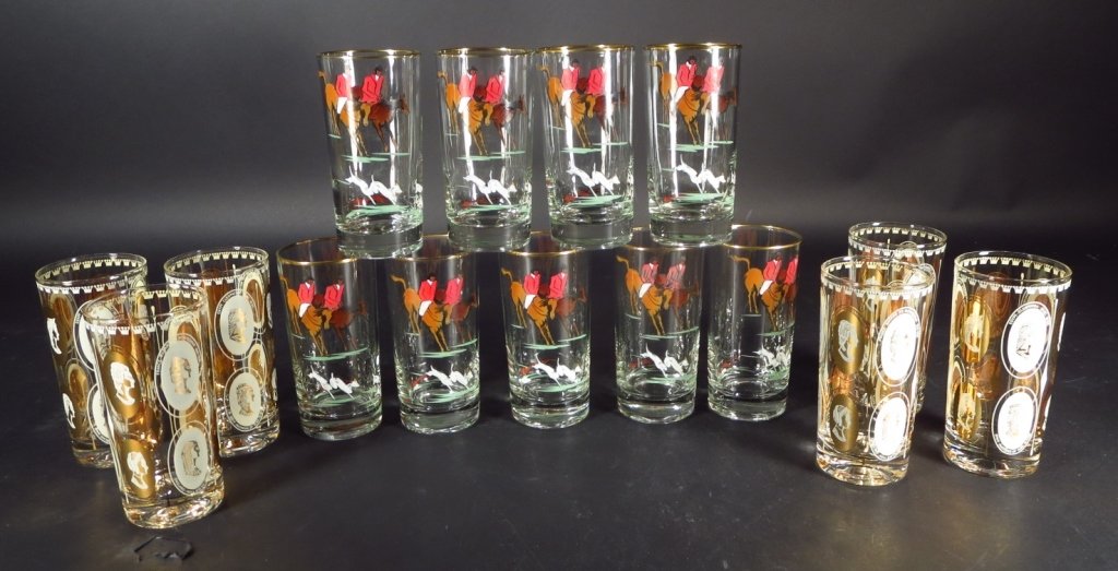 Group of Tumblers with Hunt Scenes and Portraits: Nine glass tumblers with Hunt Scenes, together with six tumblers with head of famous women.(RIVERS4402/15)(WK) Property Title:From the Estate of Joan Rivers. Measurements: 6 H