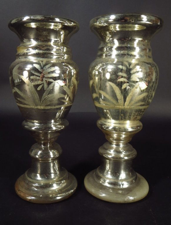 Two Similar Mercury Glass Vases, Leaves & Flowers (1 of 6)