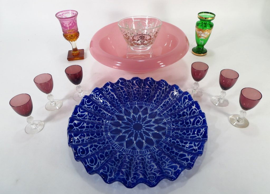 Group of Colored Glass, incl. Bowls and Cordials. (1 of 4)