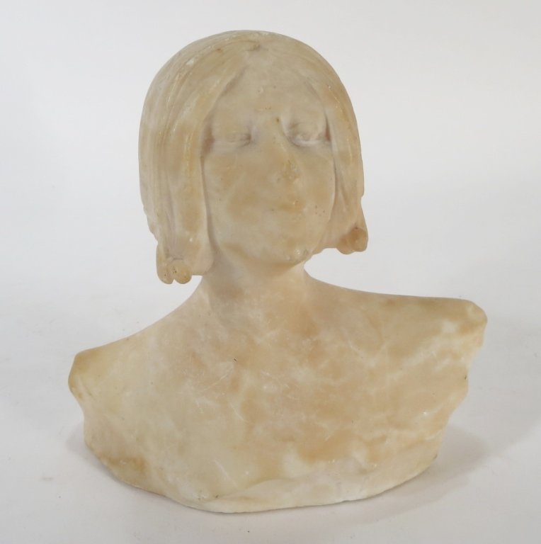 Alabaster Bust of a Young Woman in Antique Style: Alabaster Bust of a Young Woman in antique style, wearing a bonnet.(RIVERS4407)(WK) Property Title:From the Estate of Joan Rivers. Measurements: 6 H x 6 W x 4 D
